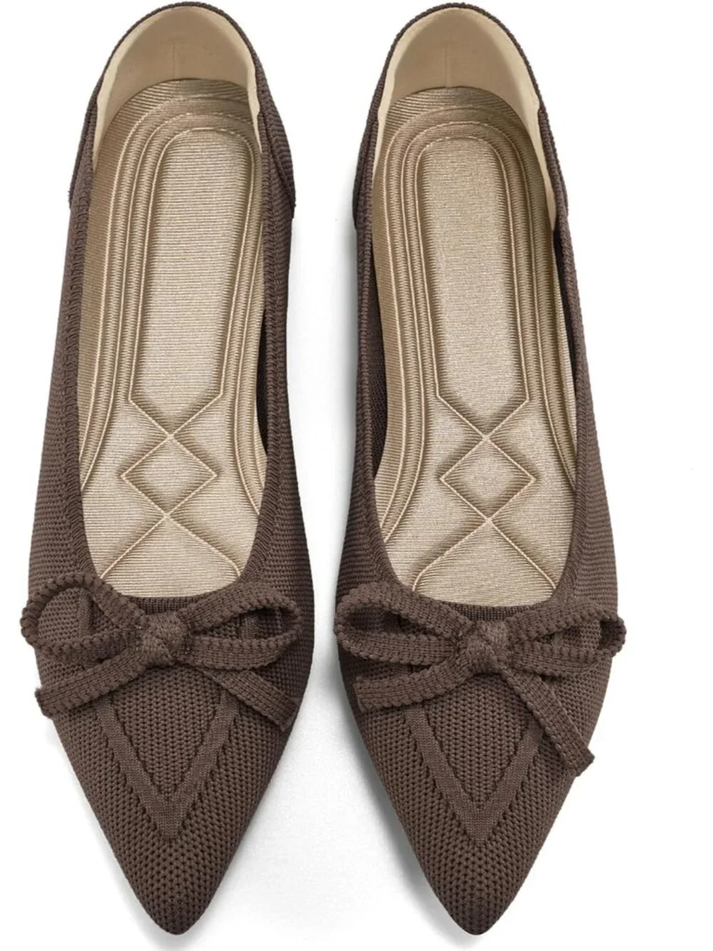 Women's Brown Ballet Flats Shoes Dressy Pointed Toe Bow Knit Flats Comfortable
